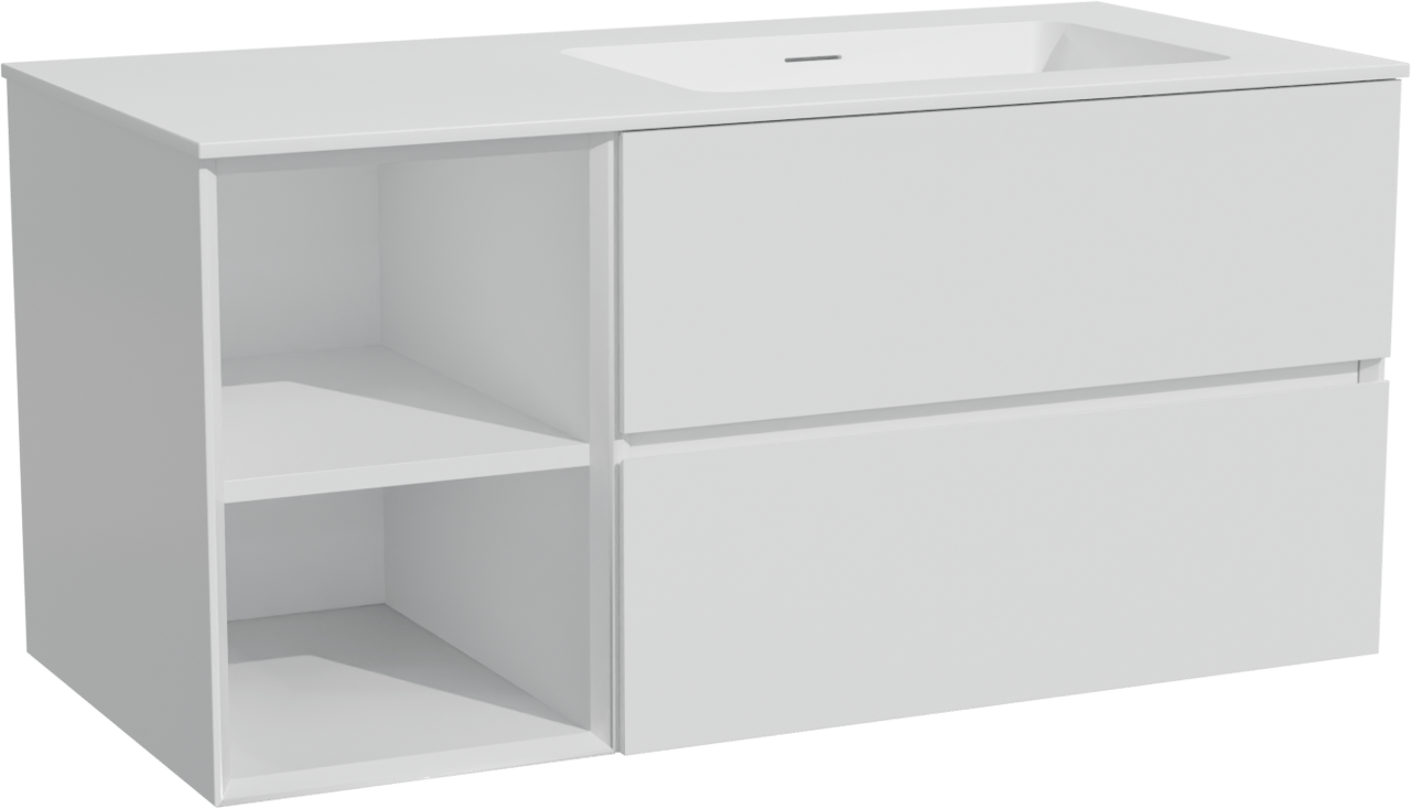 Storke Edge zwevend badmeubel 110 x 52 cm mat wit met Mata asymmetrisch rechtse wastafel in solid surface mat wit
