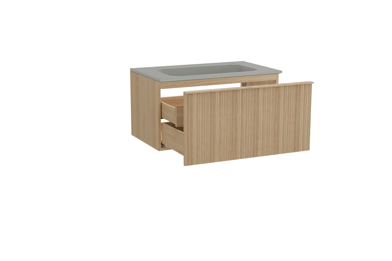 Balmani Forma meuble salle de bains suspendu 90 x 55 cm chêne naturel avec Tablo Strada plan simple en marbre composite soie grise, Nervure circulaire asymétrique verticale