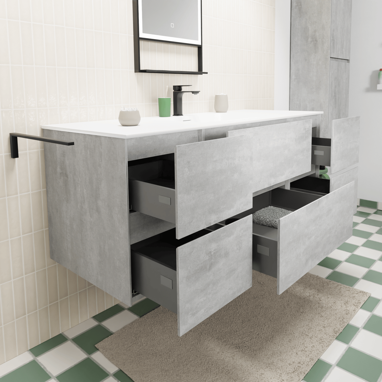 Storke Edge zwevend badkamermeubel 135 x 52 cm beton donkergrijs met Mata enkele wastafel in solid surface mat wit