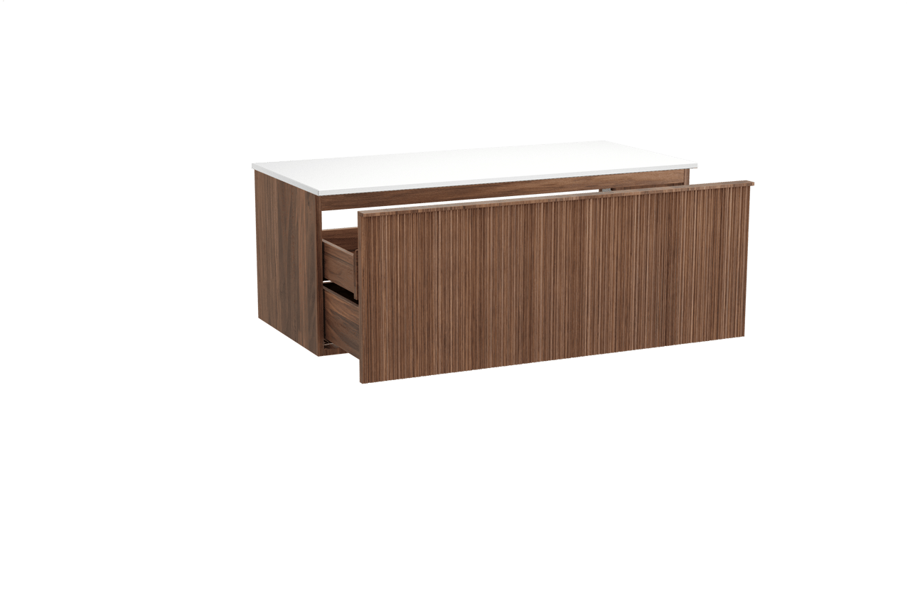 Balmani Forma hängendes Möbelstück Set: 120 x 55 cm, Amerikanischer Nussbaum, mit Stretto Einzel- oder Doppel Waschtischplatte, Solid Surface, Weiß matt, Vertikale asymmetrische Runde Rippe