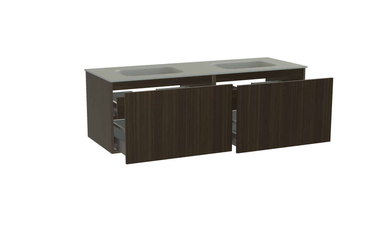 Balmani Sfera by Lucida zwevend badmeubel 150 x 55 cm eucalyptus met Tablo Arcato dubbele wastafel in solid surface steengrijs