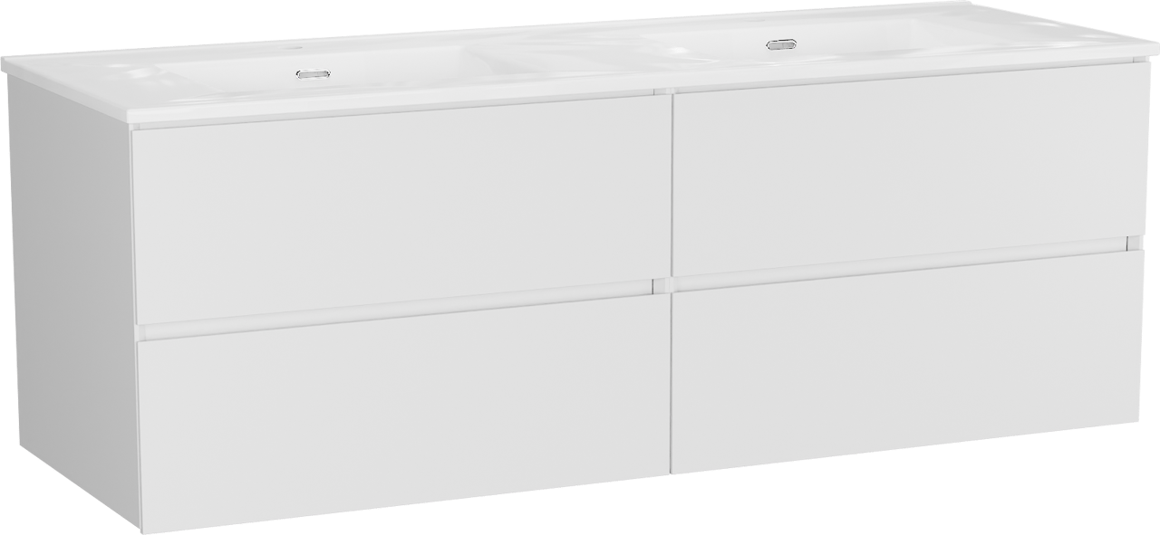 Storke Edge zwevend badkamermeubel 150 x 52 cm mat wit met Kera dubbele wastafel in porselein hoogglans wit, afvoerpluggen inbegrepen