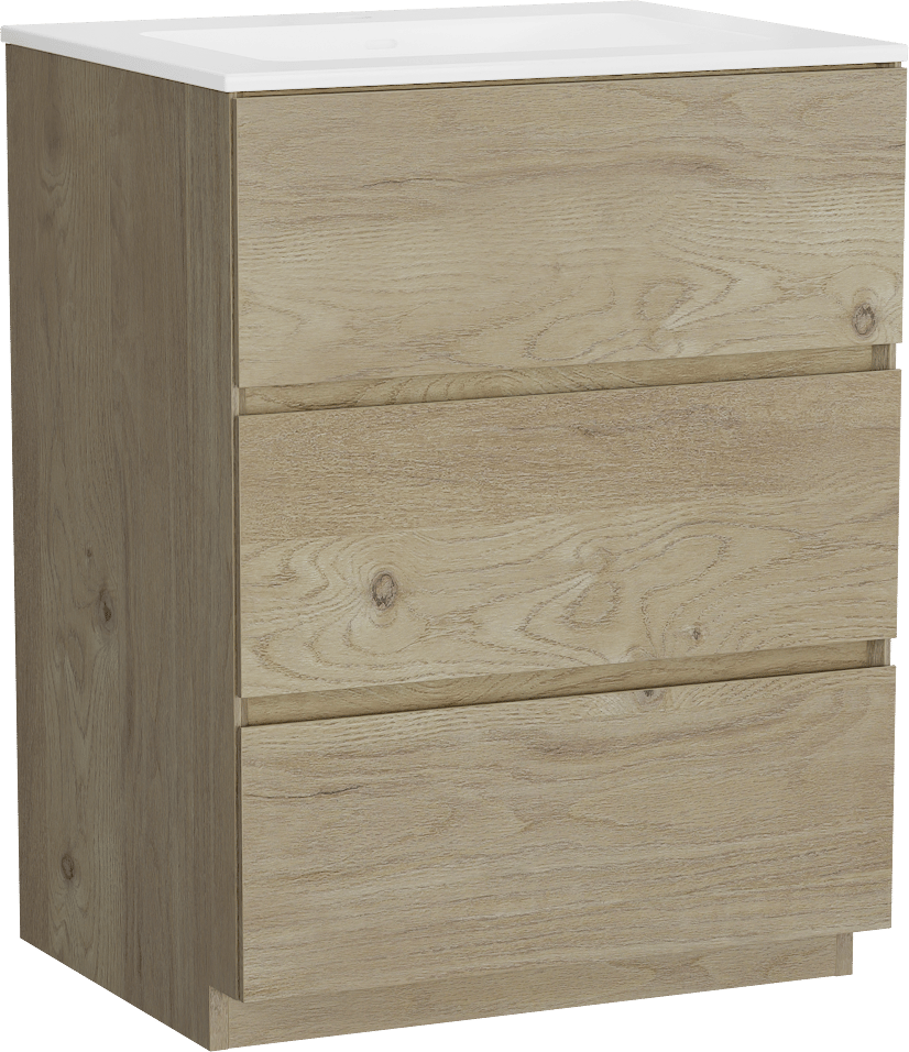 Storke Edge freistehendes Möbelstück Set: 65 x 52 cm, Rohe Eiche, mit Bilia Einzelwaschtisch, Marmorkomposit Weiß glänzend