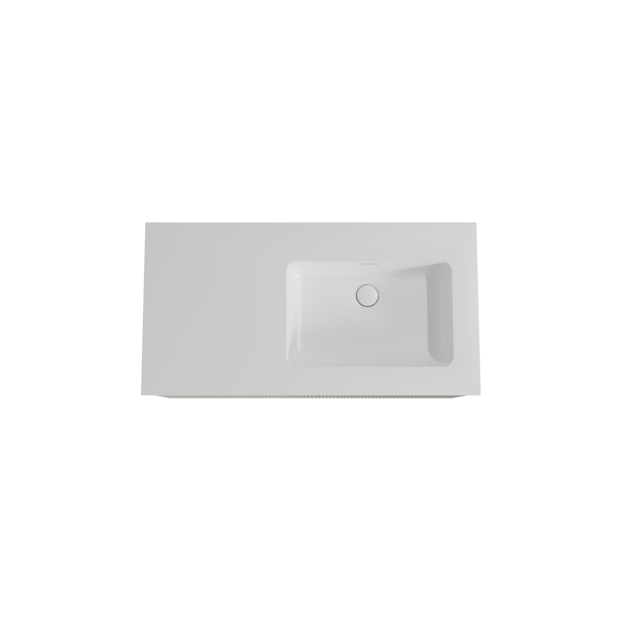 Storke Ribs meuble salle de bains suspendu 100 x 52 cm soie grise avec Mata plan vasque asymétrique à droite en solid surface blanc mat, Nervure droite symétrique verticale