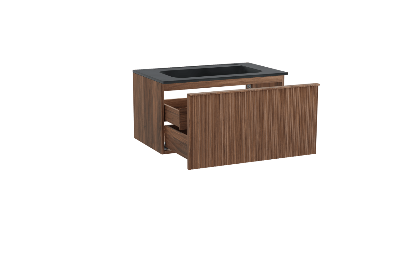 Balmani Forma zwevend badmeubel 90 x 55 cm amerikaans notenhout met Tablo Strada enkele wastafel in composietmarmer mat zwart, Verticale asymmetrische ronde ribbel
