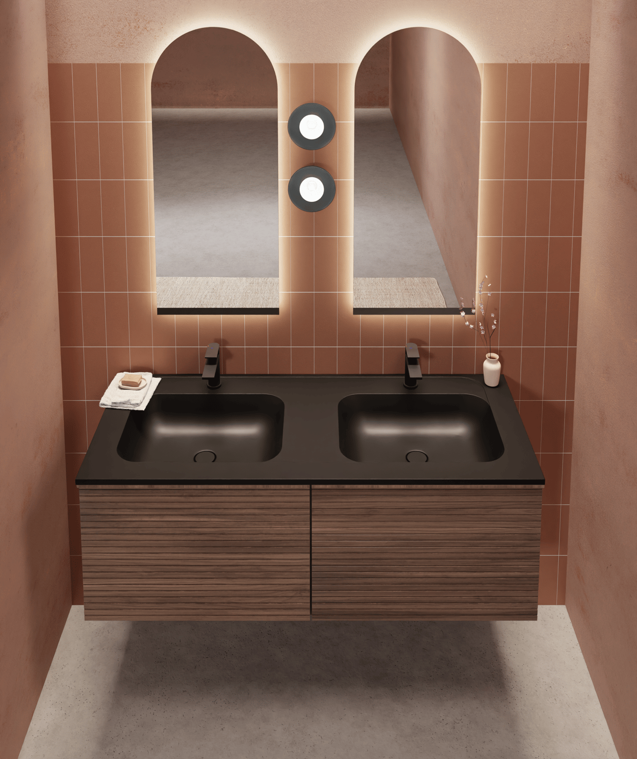 Balmani Forma meuble sous-vasque suspendu nervure horizontale 67,5 x 55 cm noyer Américain 2 tiroirs