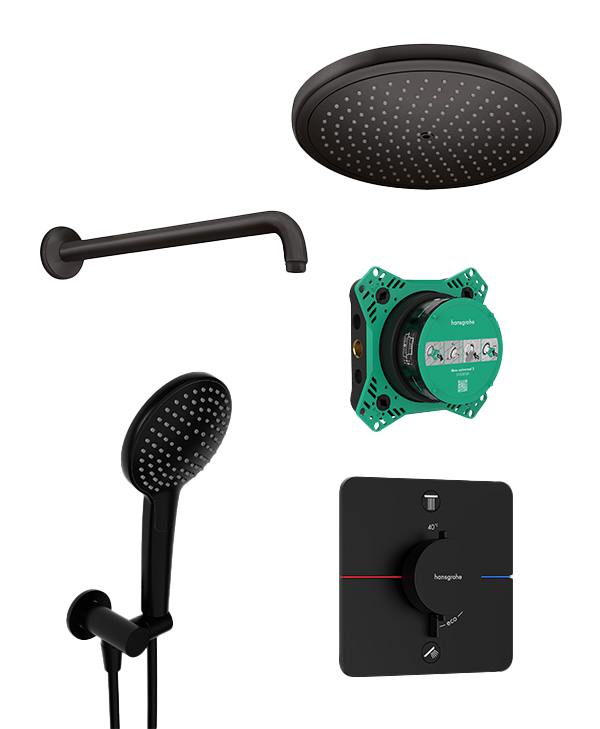 Hansgrohe Showerselect Comfort_Q Duschsystem: Unterputz, inkl. Thermostat-Duscharmatur, inkl. Duschkopf, Ø28cm, Schwarz Matt