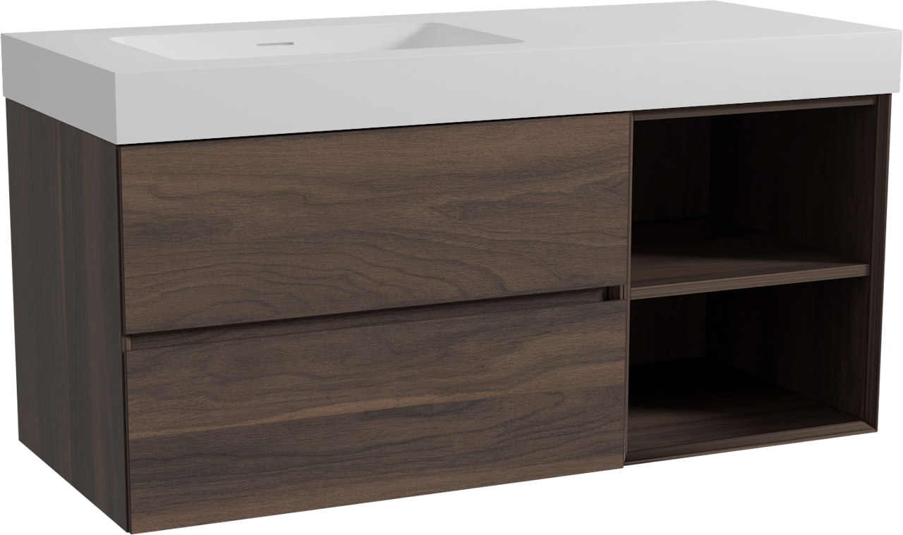 Storke Edge hängendes Möbelstück Set: 120 x 52 cm, Nussbaum, mit Mata High Waschtisch links, Solid Surface Weiß matt