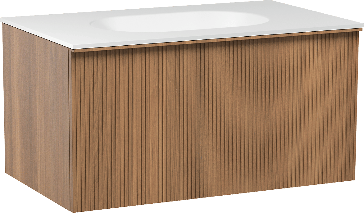 Balmani Forma hängendes Möbelstück Set: 90 x 55 cm, Teak, mit Tablo Oval Einzelwaschtisch, Solid Surface, Weiß matt, Vertikale symmetrische gerade Rippe