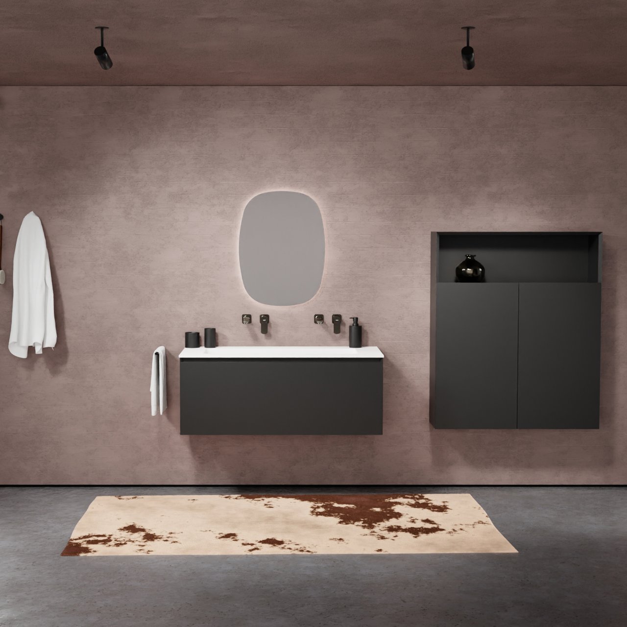 Balmani Idra by Mitra meuble salle de bains suspendu 120 x 55 cm noir mat avec Tablo Arcato lavabo simple pour 2 trous de robinet en solid surface blanc mat