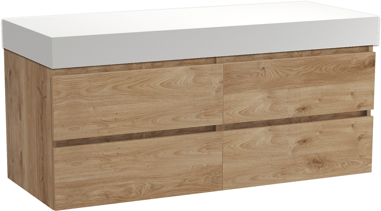 Balmani Lucida meuble salle de bains suspendu 135 x 55 cm chêne brut avec Dominus tablette simple ou double en solid surface blanc mat