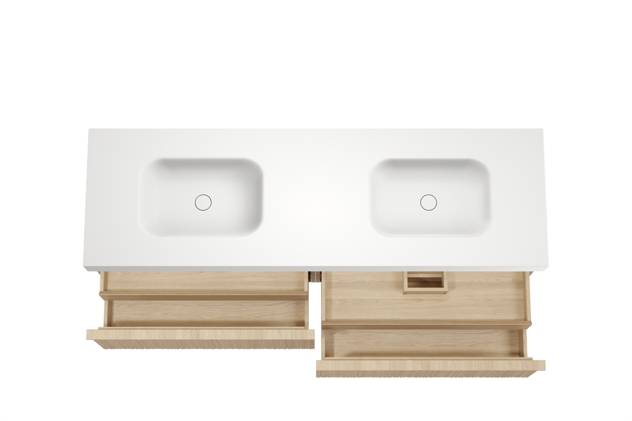 Balmani Forma zwevend badkamermeubel 180 x 55 cm natuur eik met Arcato dubbele wastafel in solid surface mat wit, Verticale asymmetrische ronde ribbel
