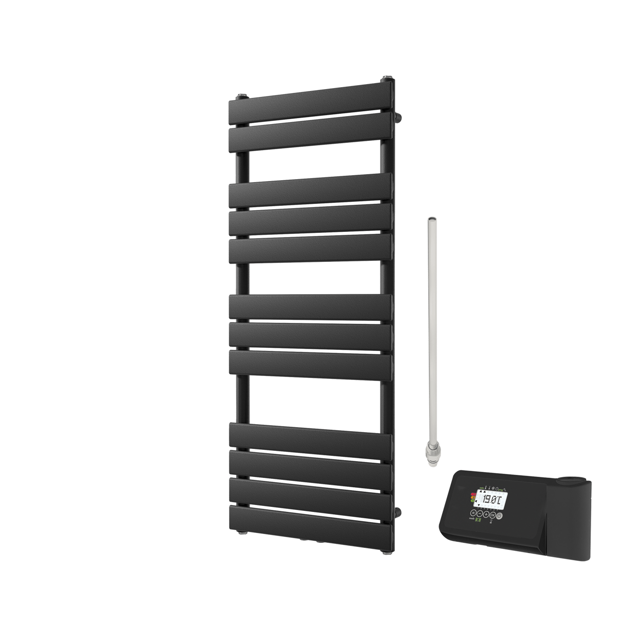 Vipera Vulcan enkele handdoekradiator 50 x 120 cm elektrische verwarming zwart mat zij- en middenaansluiting 500W, weerstand inbegrepen
