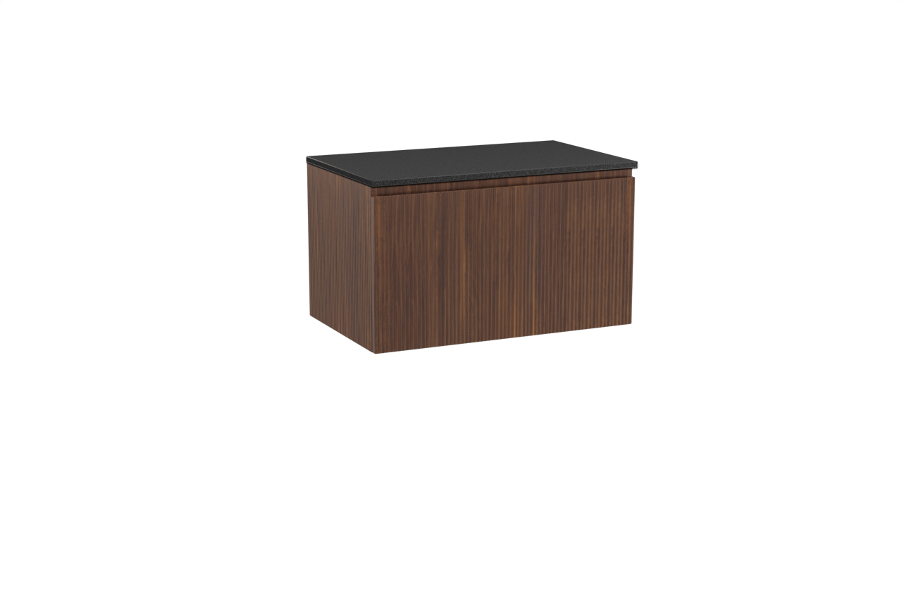 Storke Ribs hängendes Möbelstück Set: 85 x 52 cm, Nussbaum, mit Panton Einzel Waschtischplatte, Pulverbeschichtetes MDF, Schwarz matt, Vertikale symmetrische gerade Rippe