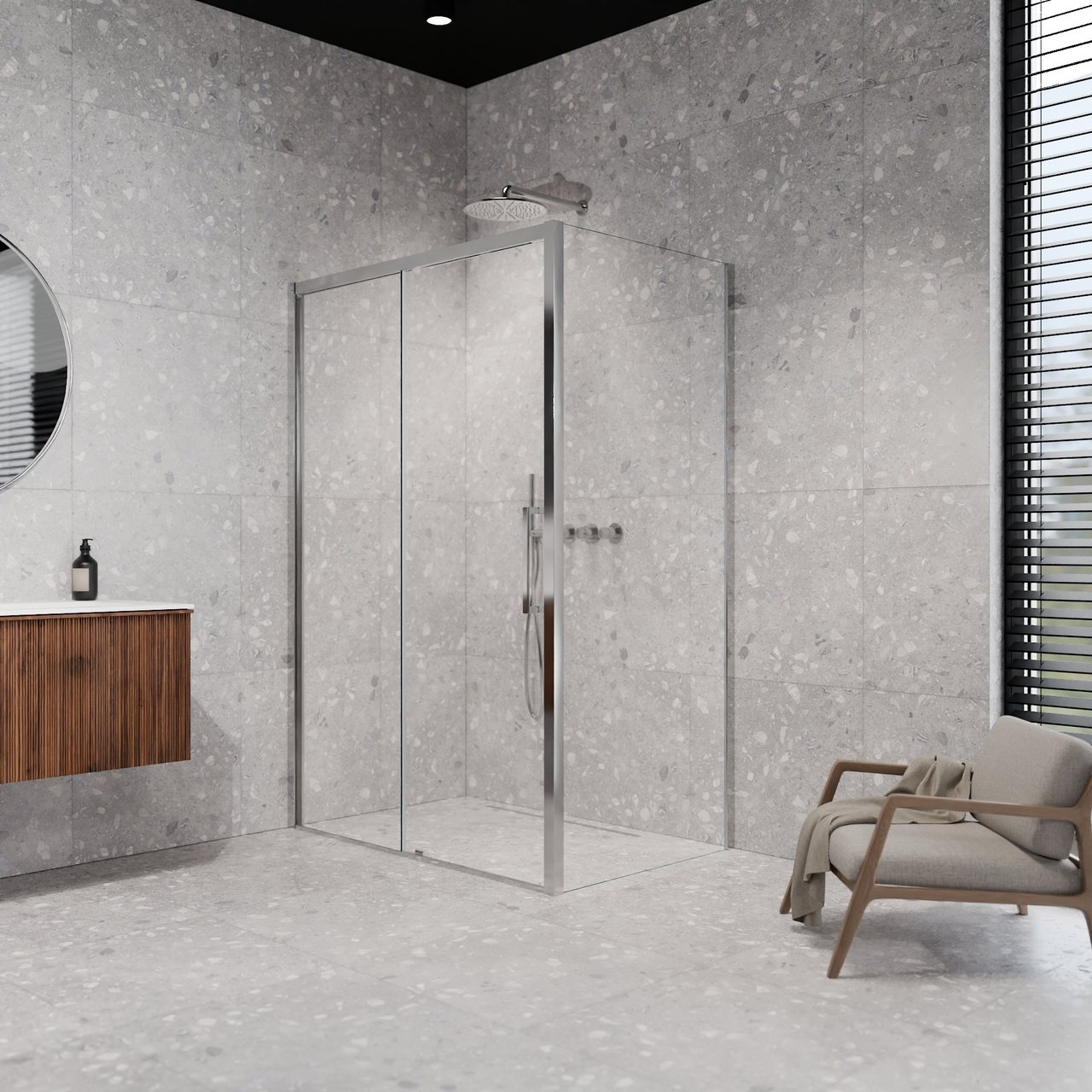 Balmani Senses Design douche d'angle avec porte coulissante à gauche et paroi latérale fixe, 120 x 90 cm, Verre transparent, Profil Chrome brillant, coating inclus
