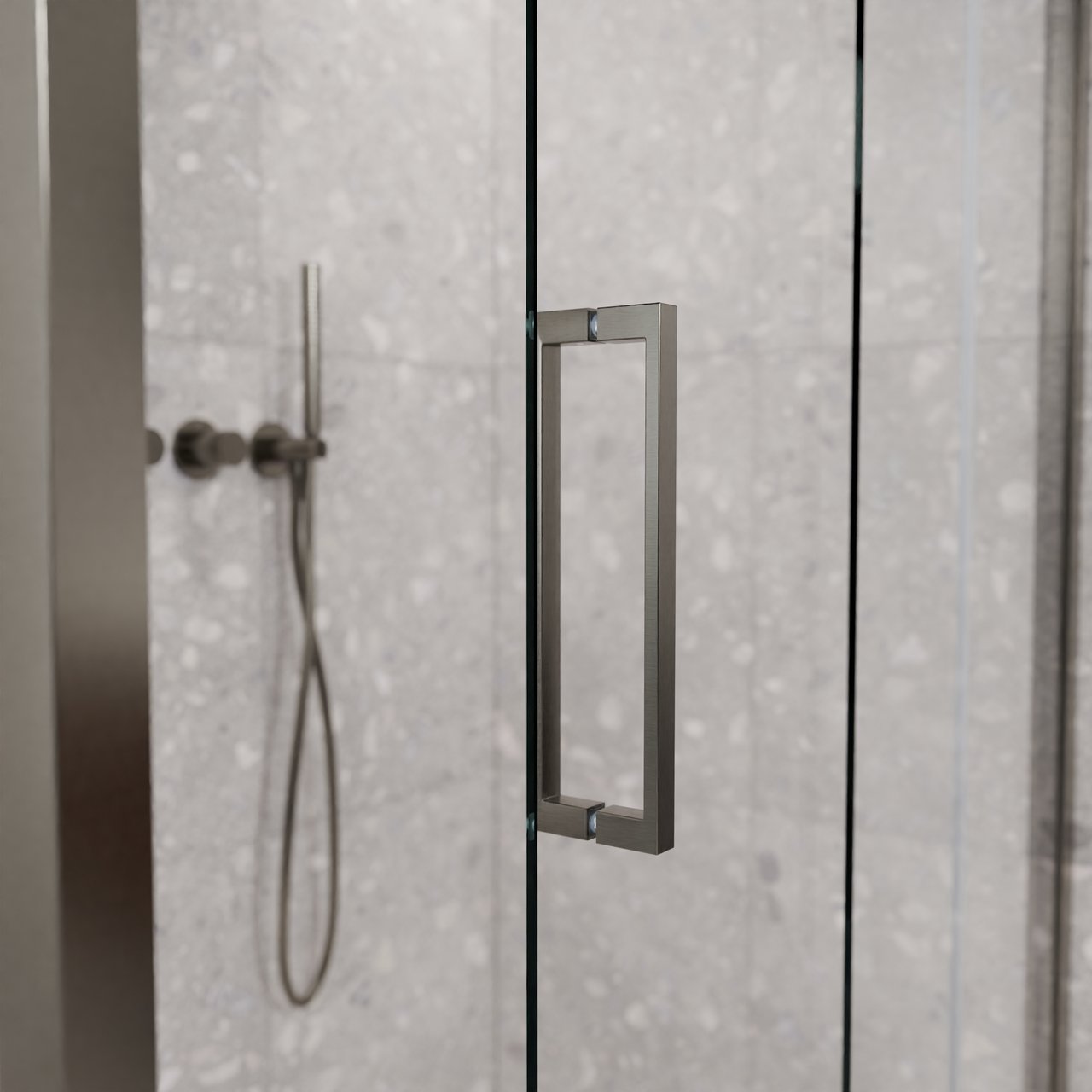 Balmani Senses Design douche d'angle avec porte coulissante à droite et paroi latérale fixe, 140 x 80 cm, Verre transparent, Profil Brushed GunMetal, coating inclus