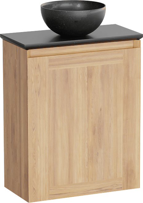 Balmani Mitra hängendes WC-Möbel-Set, 42 x 21 cm, Teak mit Facetta Waschtischplatte und Bari XS Aufsatzbecken in poliertem Granit