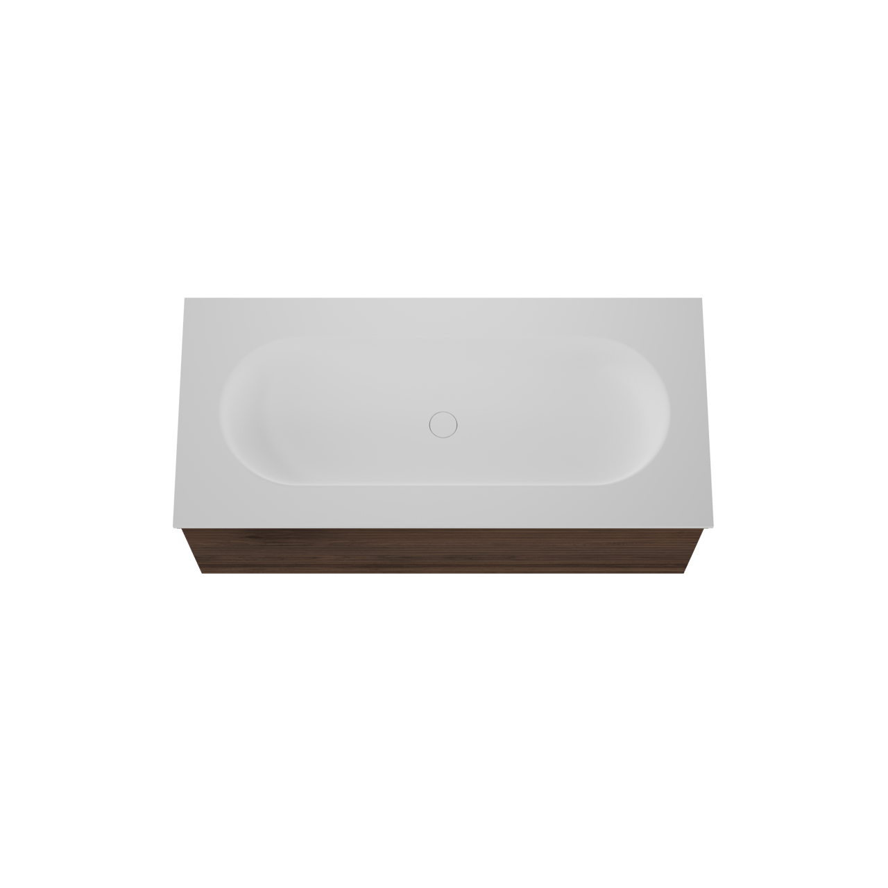 Balmani Forma zwevend badmeubel 120 x 55 cm amerikaans notenhout met Tablo Oval enkele wastafel voor 2 kraangaten in solid surface mat wit, Horizontale symmetrische rechte ribbel