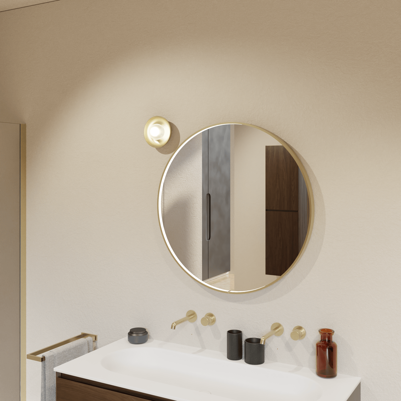 Balmani Secret rund Brushed Champagne Gold Badezimmerspiegel Ø 80 cm mit Spiegelbeleuchtung und Anti-Beschlag Spiegelheizung