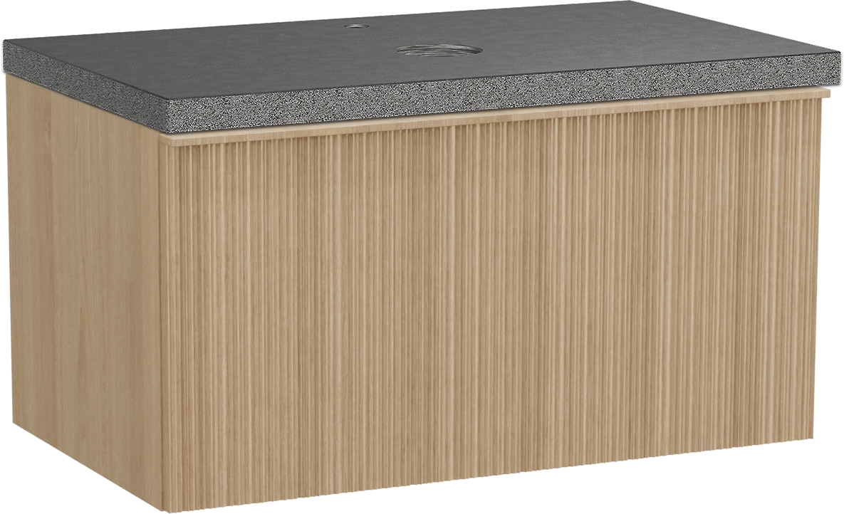 Balmani Forma zwevend badmeubel 90 x 55 cm naturel eiken met Rock enkel wastafelblad in zwart graniet, Verticale asymmetrische ronde ribbel