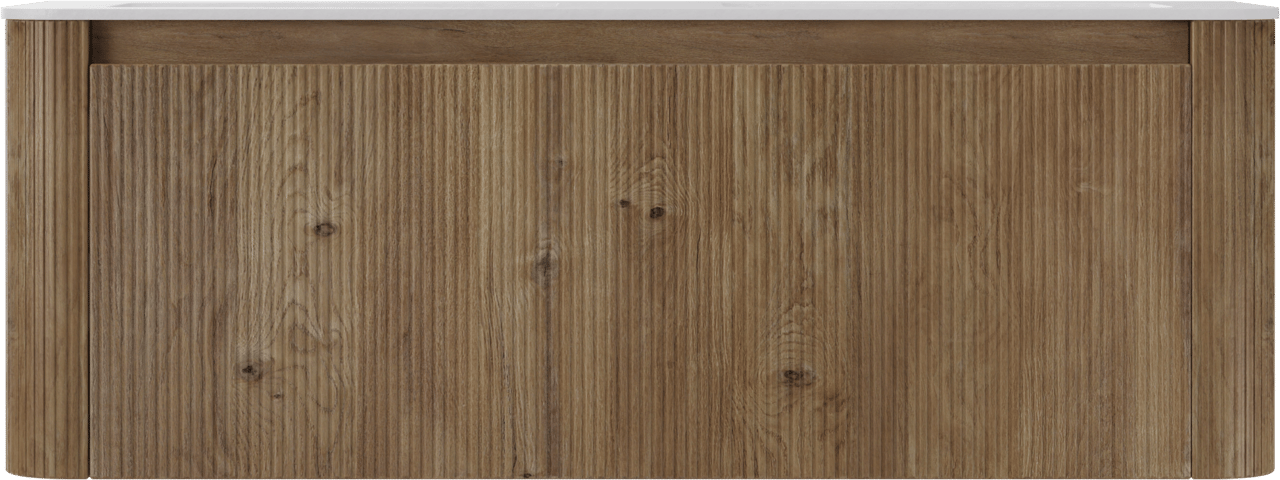 Storke Soft zwevend badkamermeubel 140 x 46 cm ruwe eik met Mata Soft dubbele wastafel in solid surface mat wit, Verticale symmetrische rechte ribbel