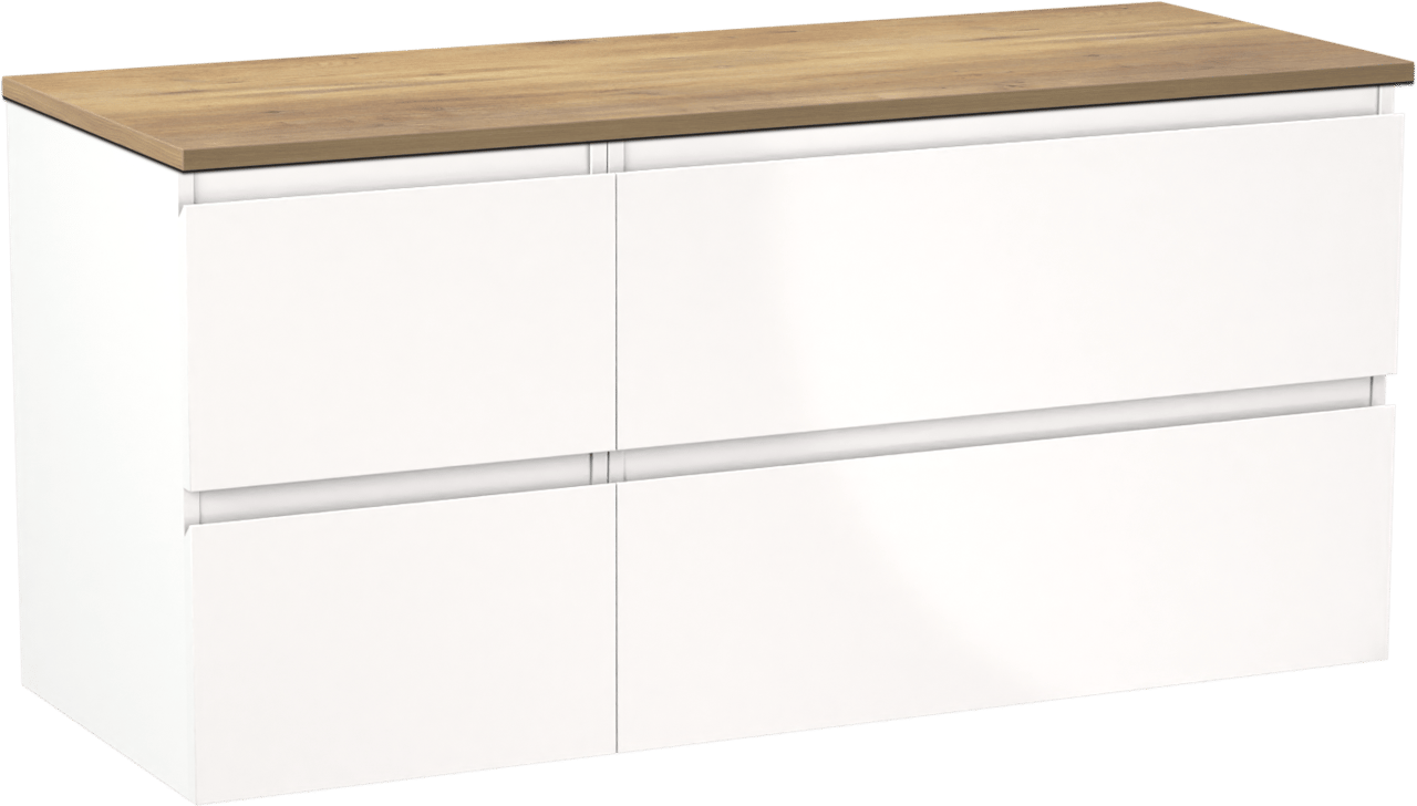 Linie Lado meuble salle de bains suspendu 120 x 46 cm blanc brillant avec Lado tablette simple ou double en mélaminé chêne naturel