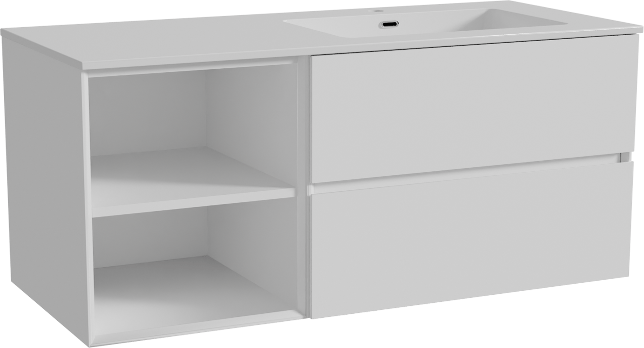 Storke Edge meuble salle de bains suspendu 120 x 52 cm blanc mat avec Diva plan vasque asymétrique à droite en marbre composite blanc brillant