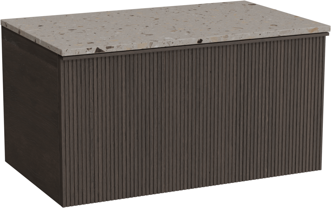 Balmani Forma zwevend badkamermeubel 90 x 55 cm gerookte eik met Stretto enkel tablet in terrazzo greige terrazzo, Verticale symmetrische rechte ribbel
