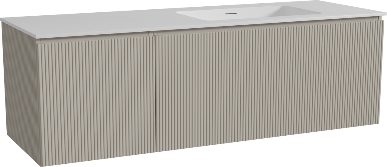 Storke Ribs zwevend badkamermeubel 150 x 52 cm zijdegrijs met Mata asymmetrisch rechtse wastafel in solid surface mat wit, Verticale symmetrische rechte ribbel