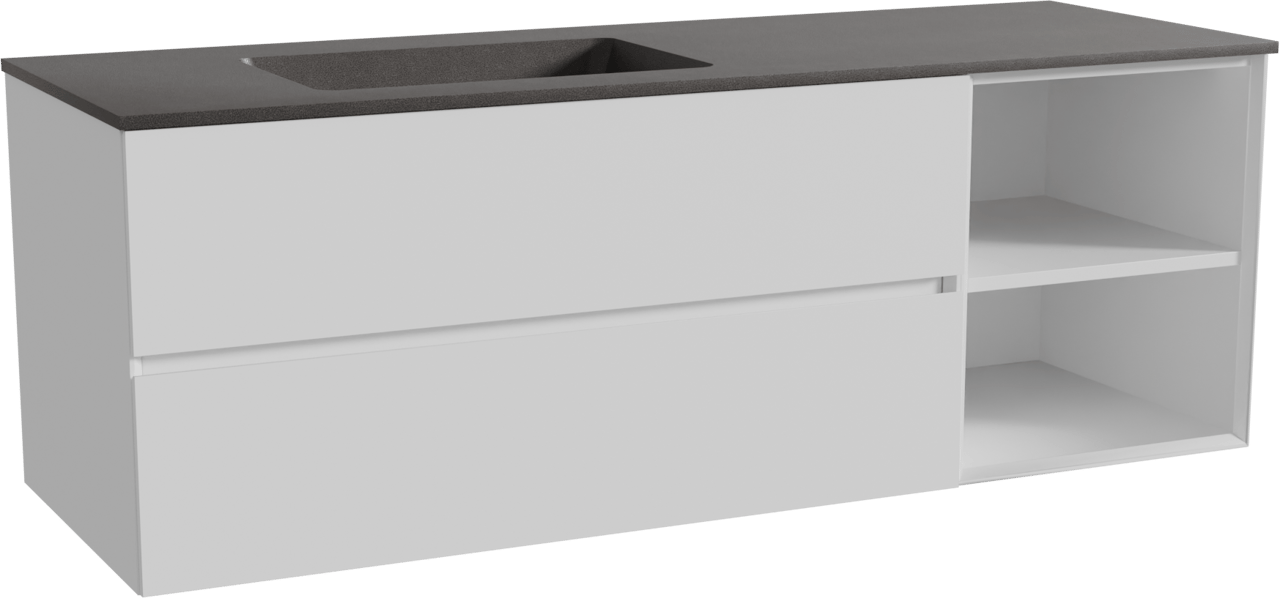 Storke Edge zwevend badmeubel 150 x 52 cm mat wit met Scuro asymmetrisch linkse wastafel in kwarts mat zwart