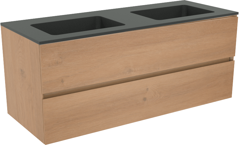 Storke Edge zwevend badmeubel 120 x 46 cm ruw eiken met Scuro dubbele wastafel in kwarts mat zwart