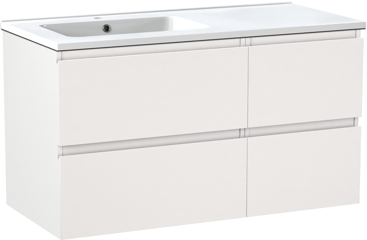 Linie Lado zwevend badmeubel 100 x 46 cm mat wit met Vano asymmetrisch linkse wastafel in composietmarmer hoogglans wit