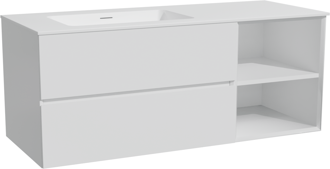 Storke Edge zwevend badkamermeubel 130 x 52 cm glanzend wit met Mata asymmetrisch linkse wastafel in solid surface mat wit