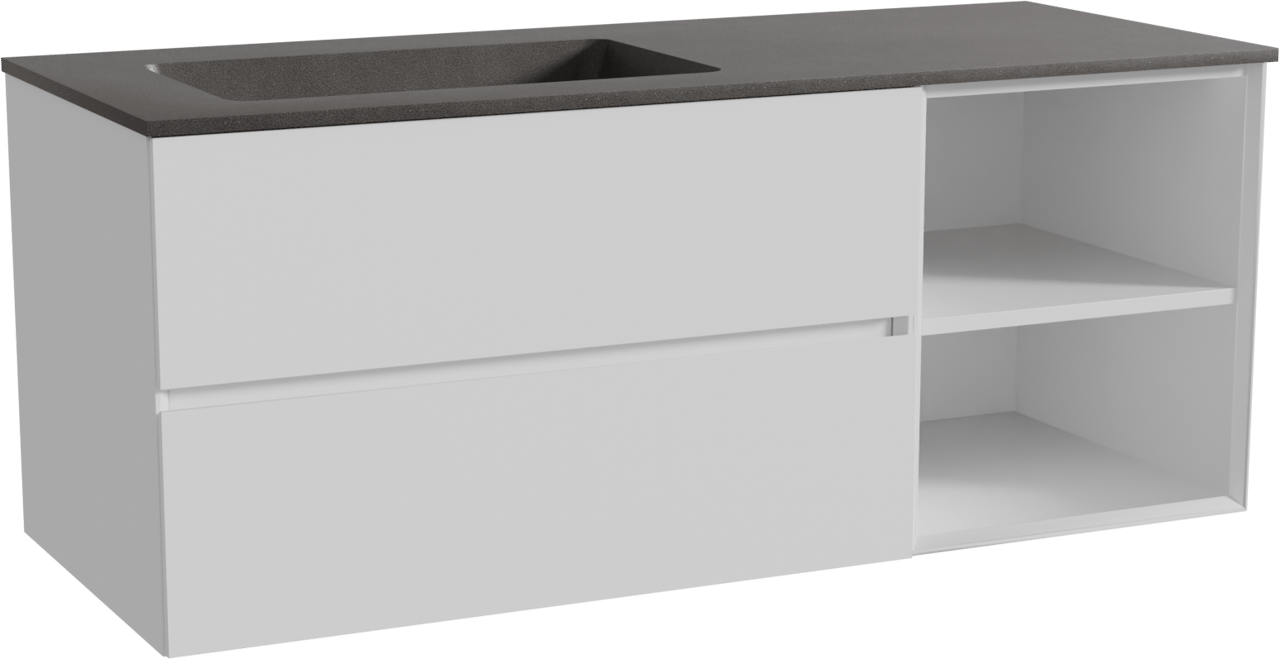 Storke Edge zwevend badmeubel 130 x 52 cm mat wit met Scuro asymmetrisch linkse wastafel in kwarts mat zwart