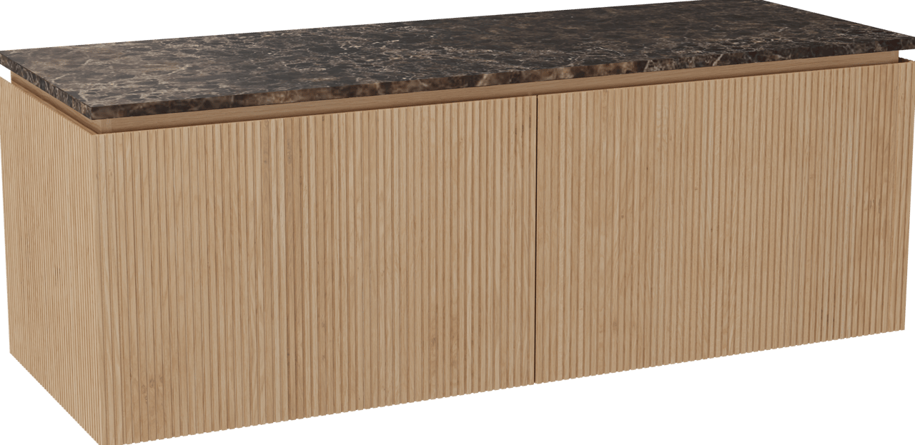Balmani Eclips zwevend badmeubel 150 x 55 cm Natuur eiken met Stretto enkel of dubbel wastafelblad in Dark Emperador marmer, Verticale symmetrische rechte ribbel