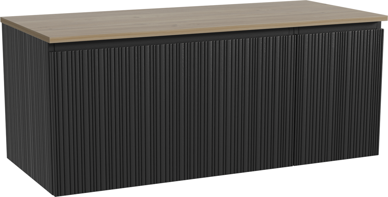 Storke Ribs zwevend badkamermeubel 120 x 52 cm zwarte eik met Panton enkel of dubbel tablet in melamine ruwe eik, Verticale asymmetrische rechte ribbel