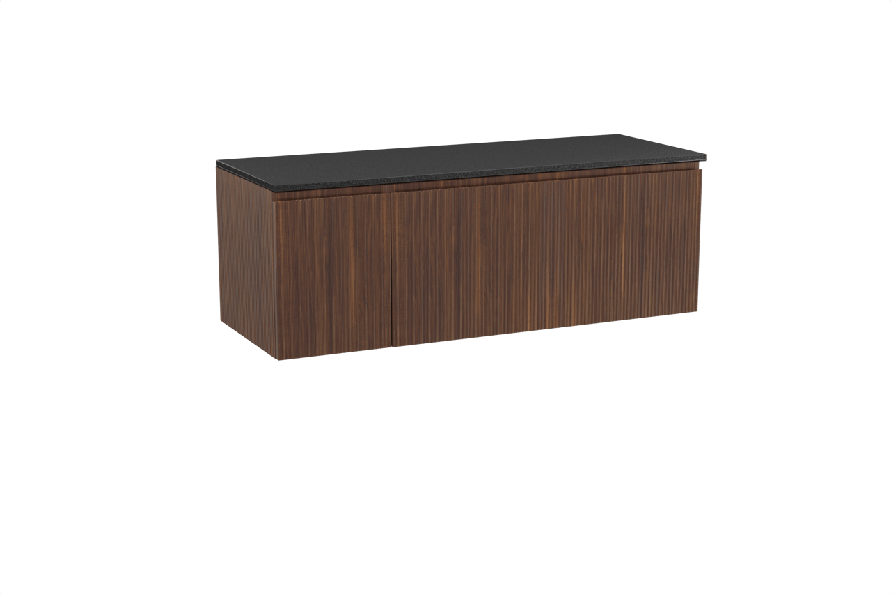 Storke Ribs zwevend badmeubel 140 x 52 cm notenhout met Panton enkel of dubbel wastafelblad in gepoedercoate mdf mat zwart, Verticale symmetrische rechte ribbel