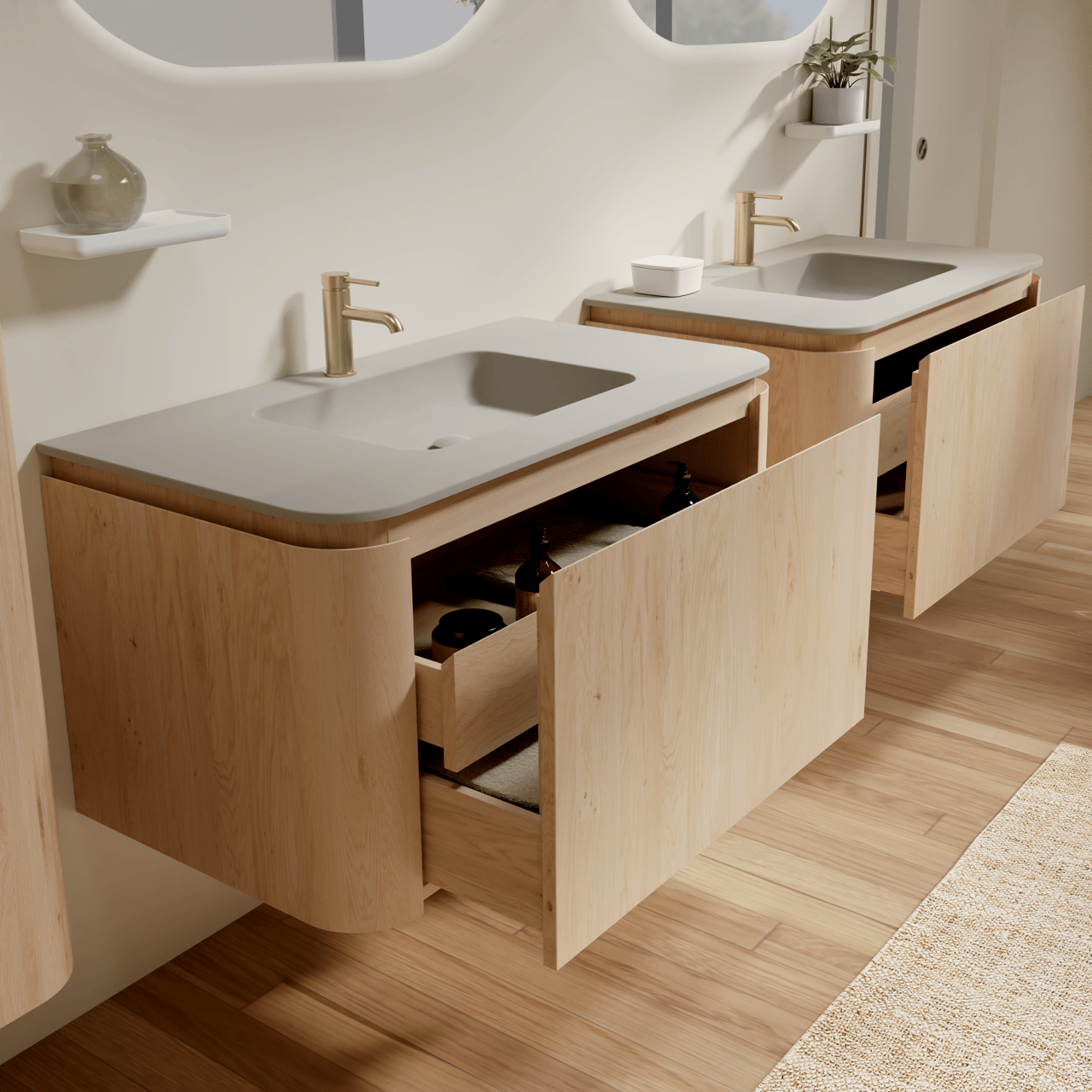 Balmani Moon meuble salle de bains suspendu 100 x 55 cm chêne naturel avec Moon plan simple en top solid soie grise