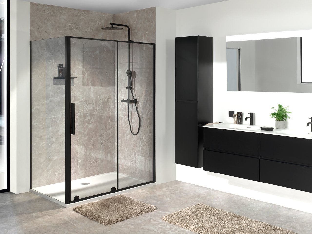 Luca Varess Morano douchecabine met schuifdeur en vaste zijwand 140 x 70 cm helder glas mat zwart profiel