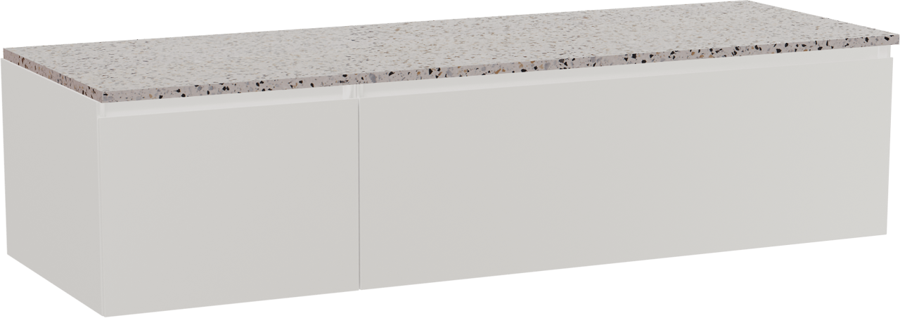 Storke Edge meuble salle de bains suspendu 150 x 52 cm blanc mat avec Tavola tablette simple ou double en blanc/noir mat terrazzo