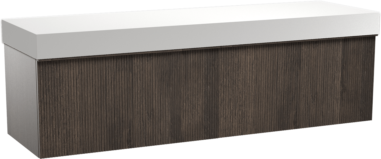 Balmani Forma zwevend badkamermeubel 180 x 55 cm gerookte eik met Dominus enkel of dubbel tablet in solid surface mat wit, Verticale symmetrische rechte ribbel
