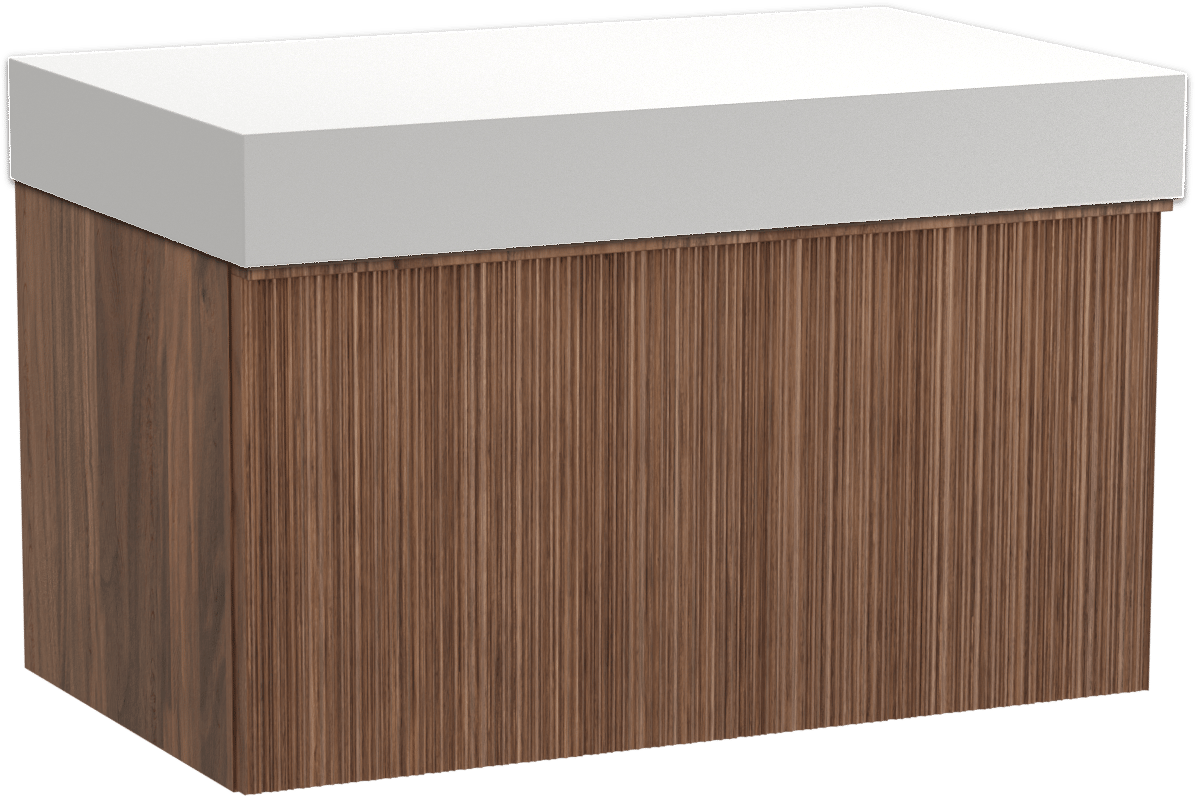 Balmani Forma meuble salle de bains suspendu 90 x 55 cm noyer américain avec Dominus tablette simple en solid surface blanc mat, Nervure circulaire asymétrique verticale