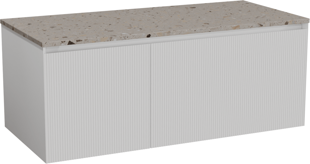 Balmani Fila by Mitra meuble salle de bains suspendu 120 x 55 cm blanc mat avec Stretto tablette simple ou double en terrazzo greige terrazzo, Nervure droite symétrique verticale