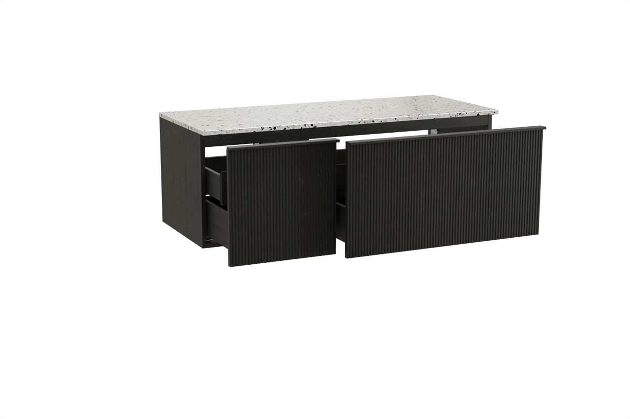 Balmani Forma meuble salle de bains suspendu 135 x 55 cm chêne noir avec Stretto tablette simple ou double en blanc/noir mat terrazzo, Nervure droite symétrique verticale