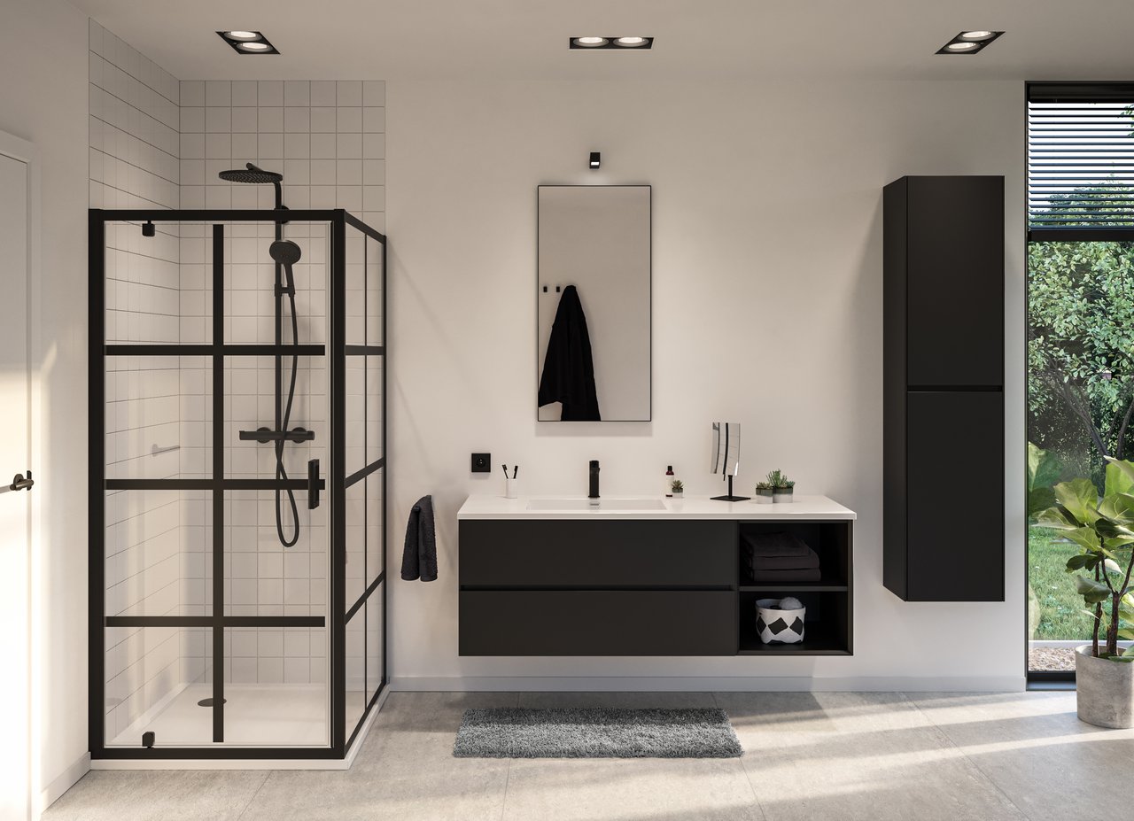 Luca Varess Vidor douchehoek met draaideur en vaste zijwand 80 x 80 cm Square glas mat zwart profiel