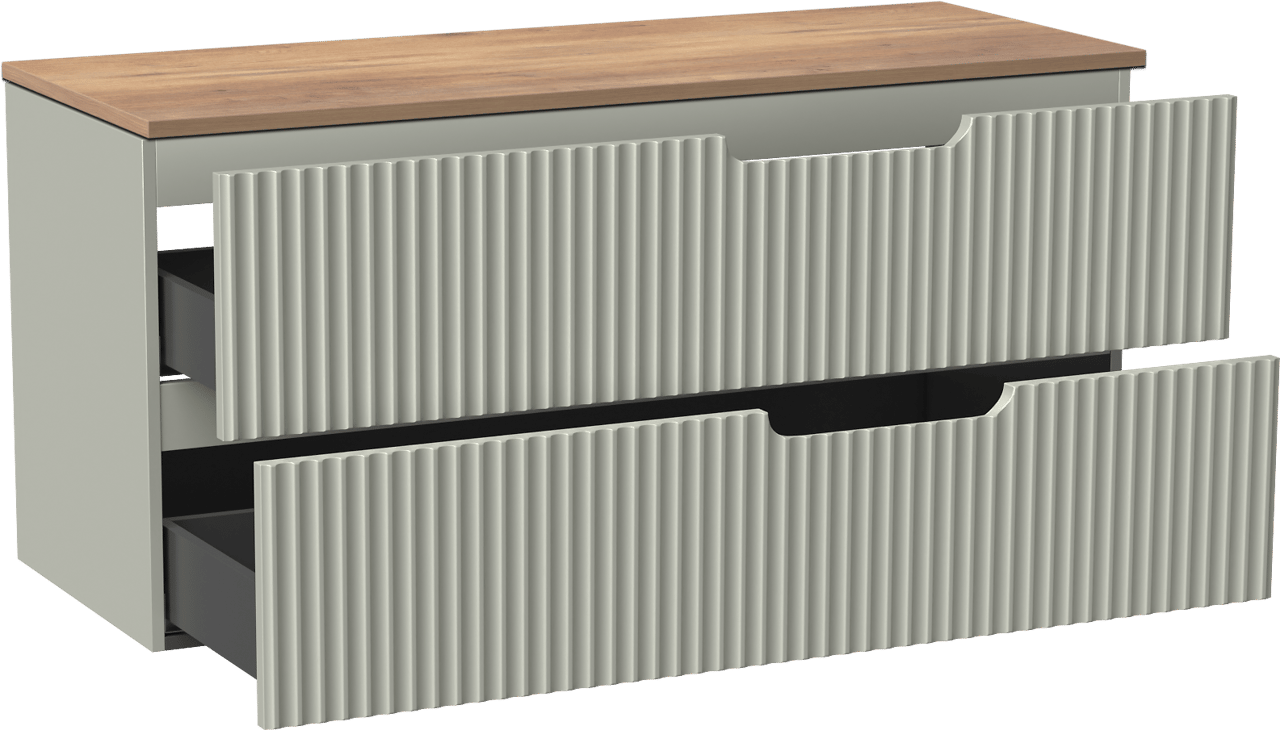Linie Ribbo meuble salle de bains suspendu 120 x 46 cm greige avec Lado tablette simple ou double en mélaminé chêne naturel, Nervure circulaire symétrique verticale
