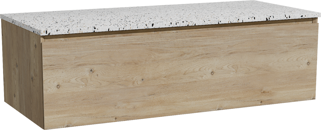 Storke Edge zwevend badkamermeubel 120 x 52 cm ruwe eik met Tavola enkel of dubbel tablet in mat wit/zwart terrazzo