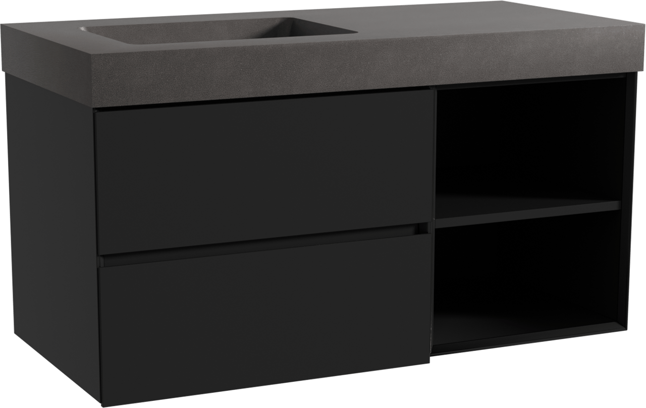 Storke Edge zwevend badmeubel 110 x 52 cm mat zwart met Scuro High asymmetrisch linkse wastafel in kwarts mat zwart