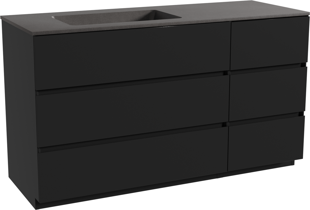 Storke Edge staand badmeubel 140 x 52 cm mat zwart met Scuro asymmetrisch linkse wastafel in kwarts mat zwart