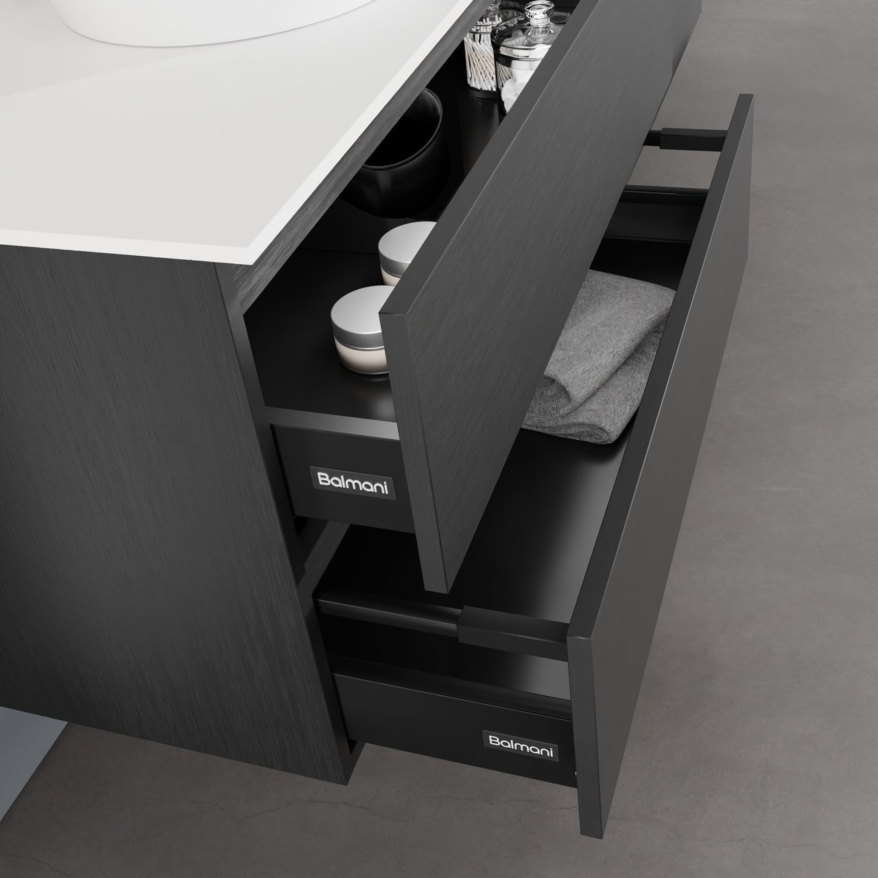 Balmani Lucida meuble salle de bains suspendu 90 x 55 cm chêne noir avec Stretto tablette simple en solid surface blanc mat